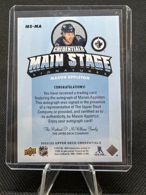 2022-23 Upper Deck Credentials Mason Appleton Main Stage Autograph back